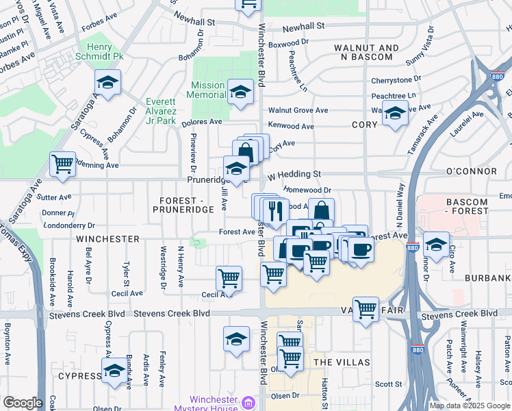 map of restaurants, bars, coffee shops, grocery stores, and more near 190 North Winchester Boulevard in Santa Clara
