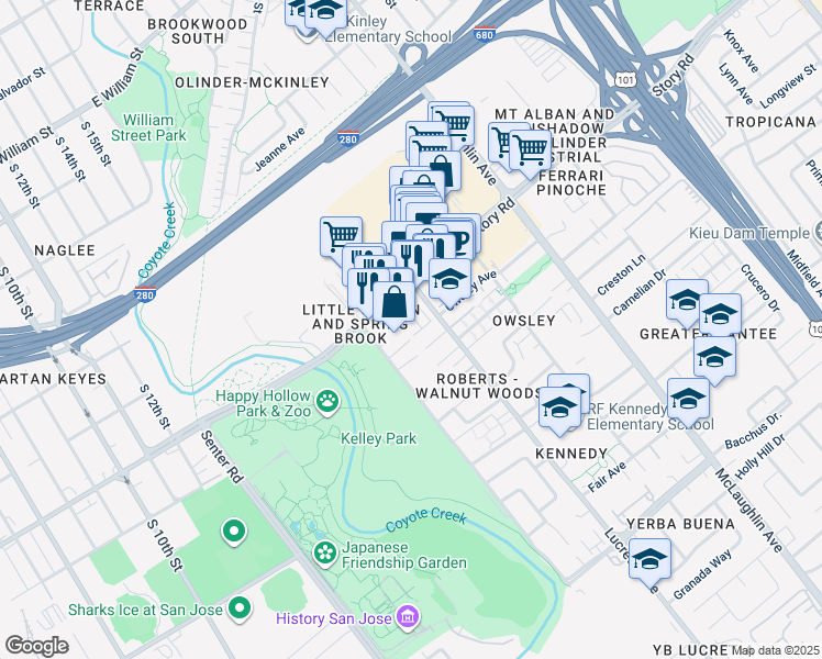 map of restaurants, bars, coffee shops, grocery stores, and more near 695 Lucretia Avenue in San Jose