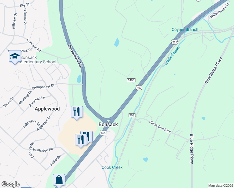 map of restaurants, bars, coffee shops, grocery stores, and more near 1 State Route 1400 in Roanoke
