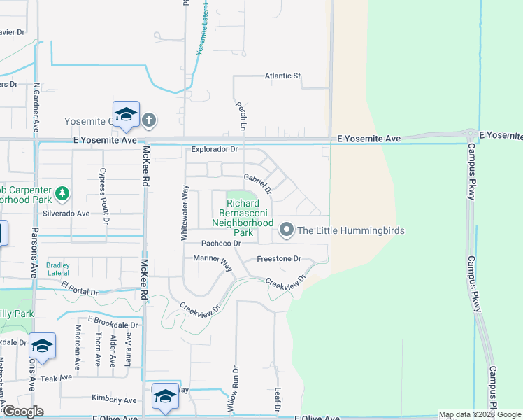 map of restaurants, bars, coffee shops, grocery stores, and more near 3718 Jardin Way in Merced