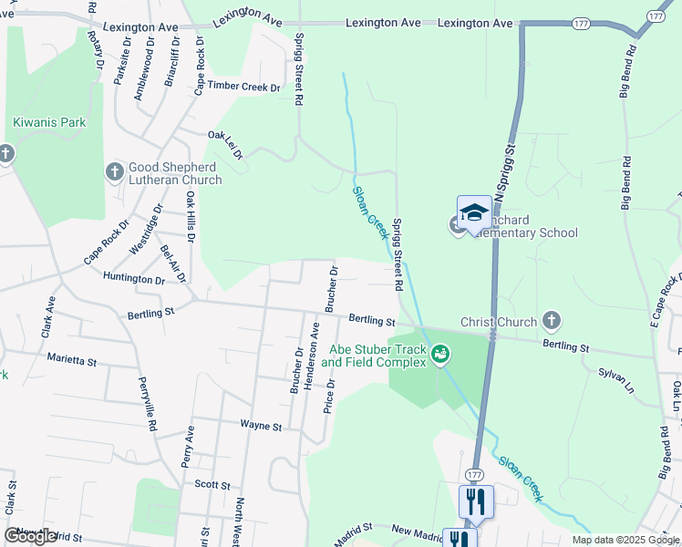 map of restaurants, bars, coffee shops, grocery stores, and more near 1130 Mahy Drive in Cape Girardeau