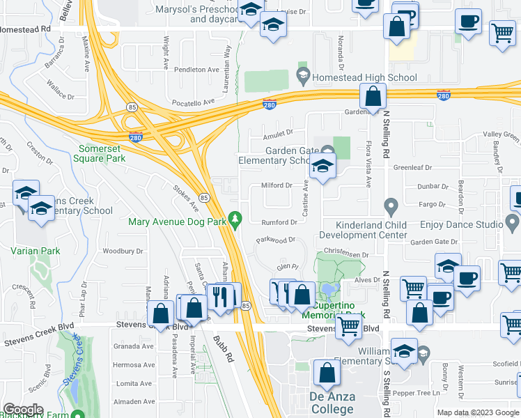 map of restaurants, bars, coffee shops, grocery stores, and more near 10405 Brewer Avenue in Cupertino