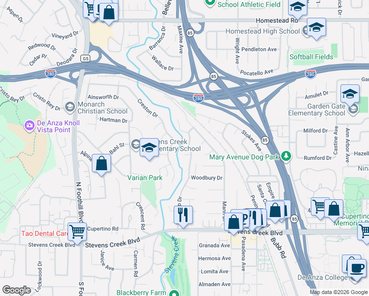 map of restaurants, bars, coffee shops, grocery stores, and more near 10441 Phar Lap Drive in Cupertino