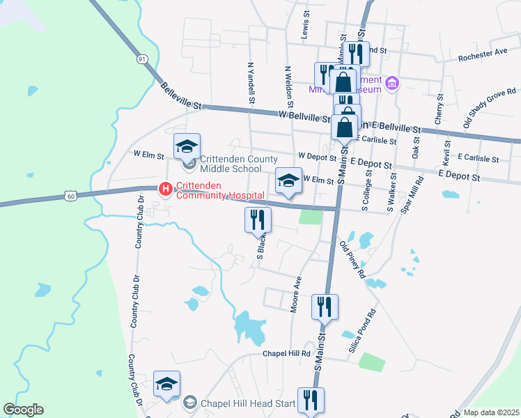 map of restaurants, bars, coffee shops, grocery stores, and more near 307 West Gum Street in Marion