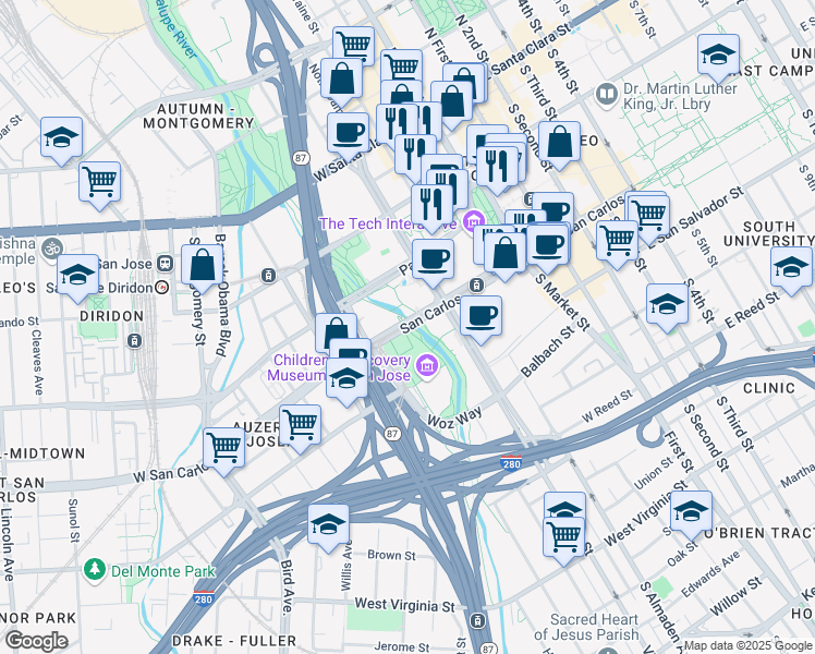map of restaurants, bars, coffee shops, grocery stores, and more near 300 West San Carlos Street in San Jose