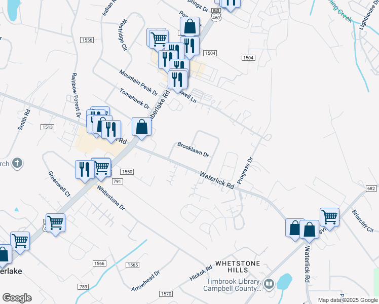map of restaurants, bars, coffee shops, grocery stores, and more near 108 Brooklawn Drive in Lynchburg