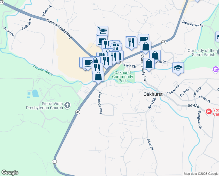 map of restaurants, bars, coffee shops, grocery stores, and more near 48978 River Park Road in Oakhurst