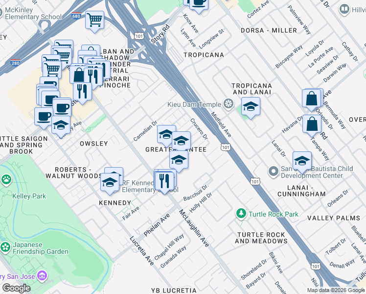 map of restaurants, bars, coffee shops, grocery stores, and more near 1385 Audubon Drive in San Jose