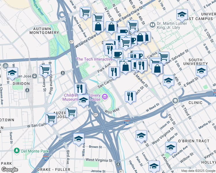 map of restaurants, bars, coffee shops, grocery stores, and more near 300 West San Carlos Street in San Jose