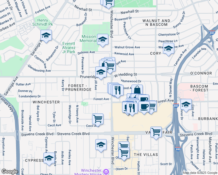 map of restaurants, bars, coffee shops, grocery stores, and more near 706 North Winchester Boulevard in San Jose