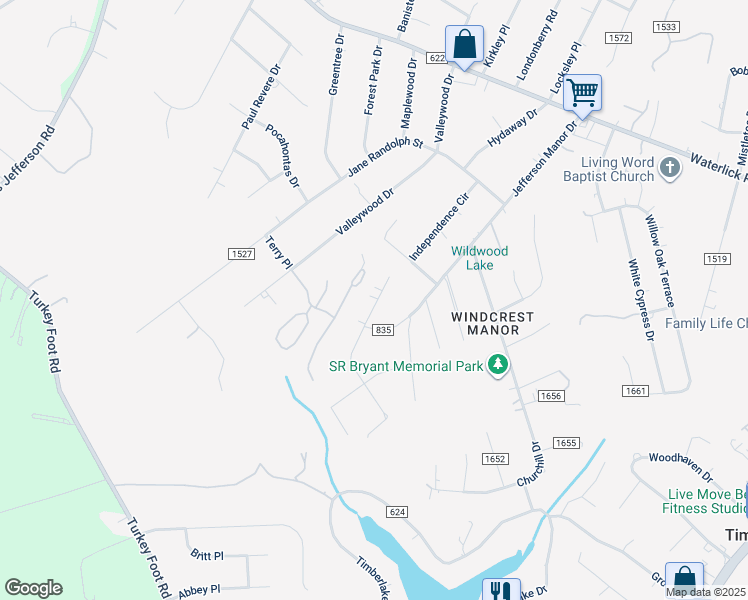 map of restaurants, bars, coffee shops, grocery stores, and more near 61 Royal Court in Forest