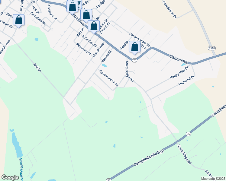 map of restaurants, bars, coffee shops, grocery stores, and more near Sycamore Loop in Campbellsville