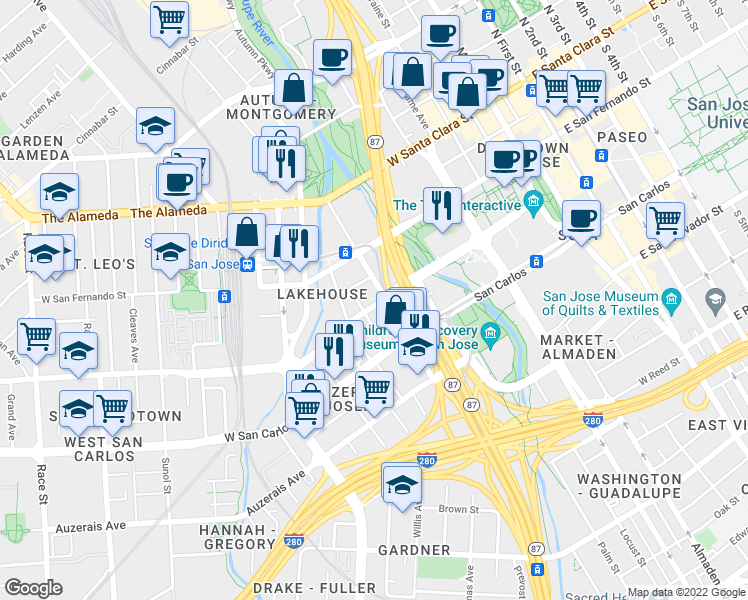 map of restaurants, bars, coffee shops, grocery stores, and more near 411 Park Avenue in San Jose