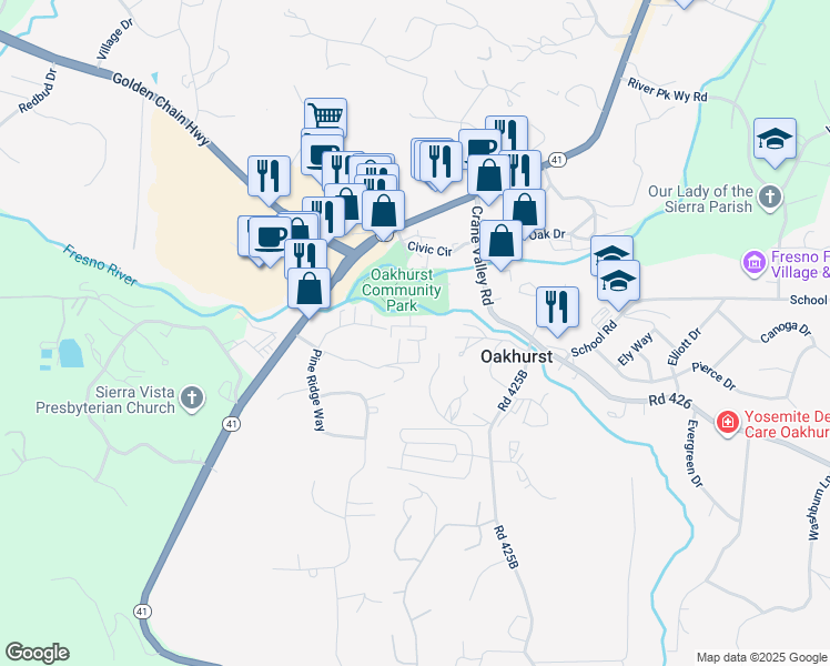 map of restaurants, bars, coffee shops, grocery stores, and more near 49400 River Park Road in Oakhurst