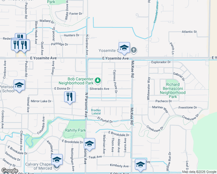 map of restaurants, bars, coffee shops, grocery stores, and more near 1951 Silverado Avenue in Merced