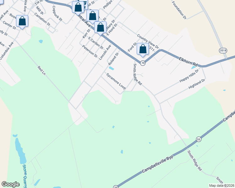 map of restaurants, bars, coffee shops, grocery stores, and more near Sycamore Loop in Campbellsville