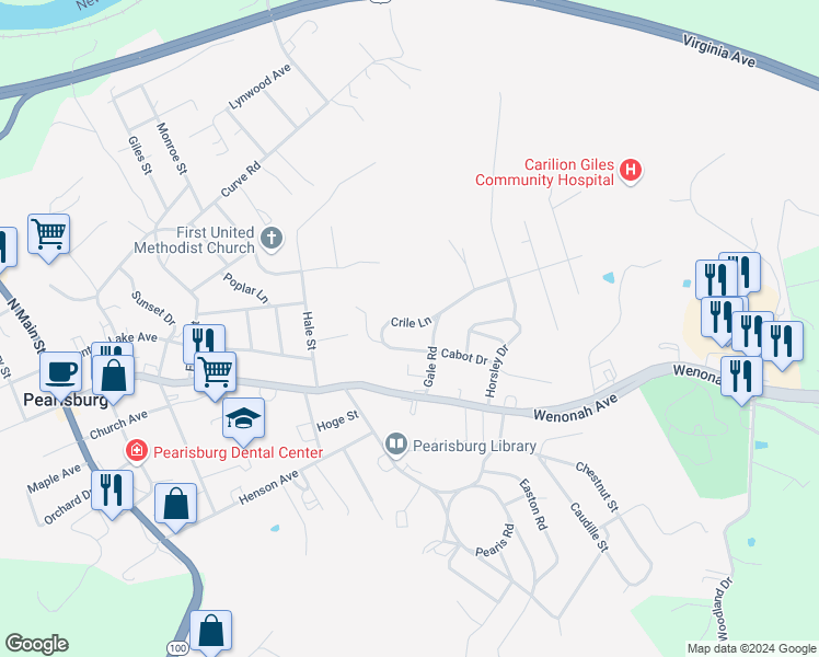 map of restaurants, bars, coffee shops, grocery stores, and more near 338 Crile Lane in Pearisburg