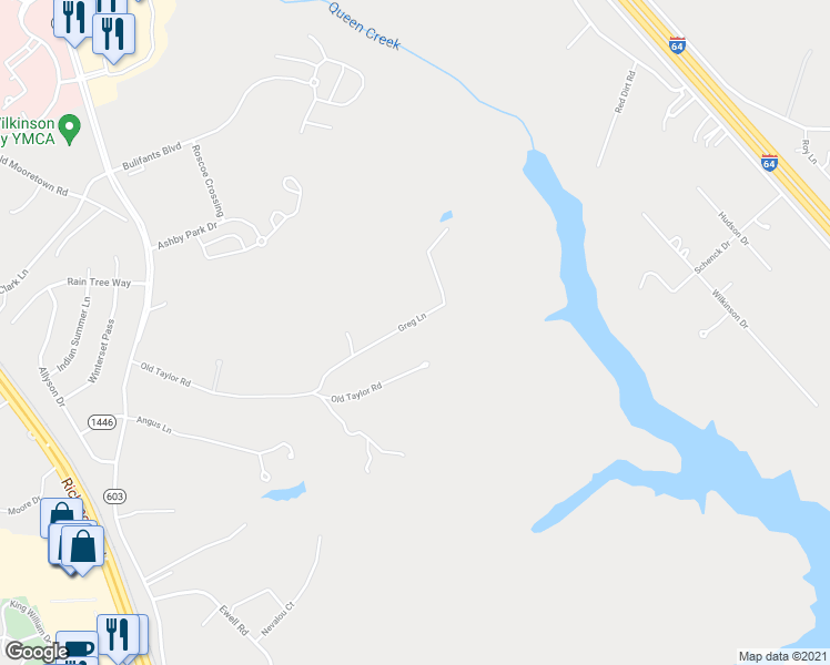 map of restaurants, bars, coffee shops, grocery stores, and more near 300 Greg Lane in Williamsburg