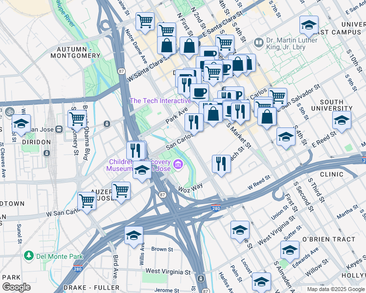 map of restaurants, bars, coffee shops, grocery stores, and more near 300 West San Carlos Street in San Jose