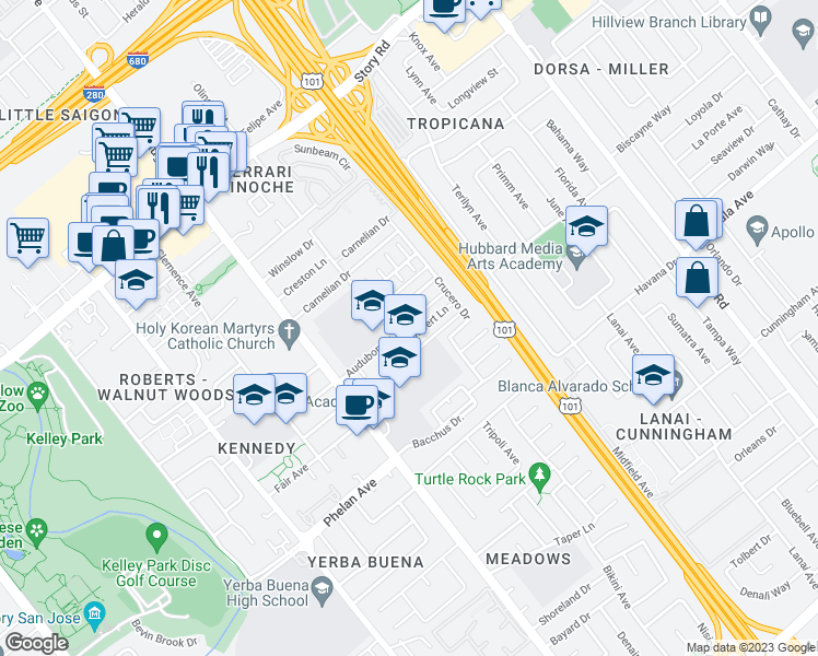 map of restaurants, bars, coffee shops, grocery stores, and more near 1369 Dubert Lane in San Jose