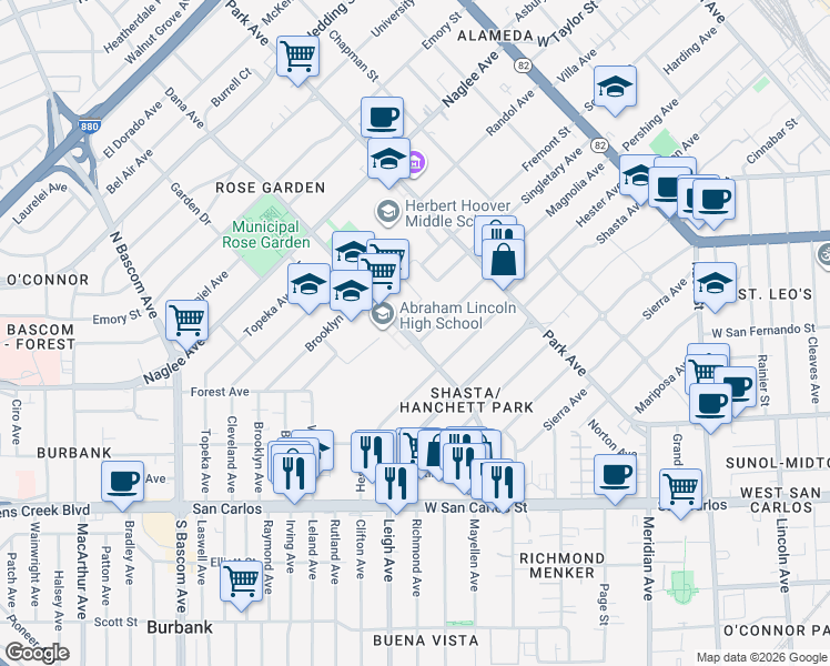 map of restaurants, bars, coffee shops, grocery stores, and more near 1564 Rosecrest Terrace in San Jose