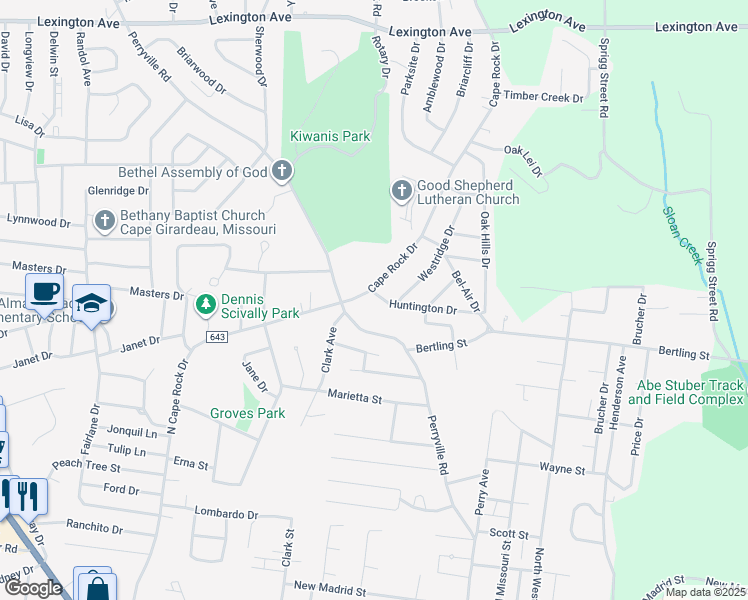 map of restaurants, bars, coffee shops, grocery stores, and more near 1921 Huntington Drive in Cape Girardeau