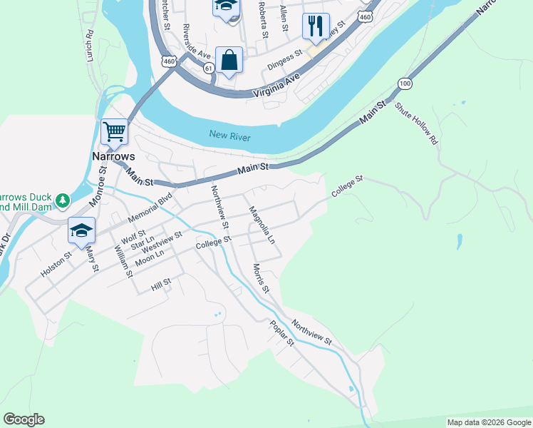 map of restaurants, bars, coffee shops, grocery stores, and more near 1102 Westview St in Narrows