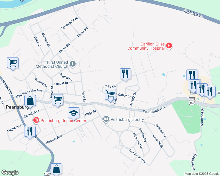map of restaurants, bars, coffee shops, grocery stores, and more near 338 Crile Lane in Pearisburg
