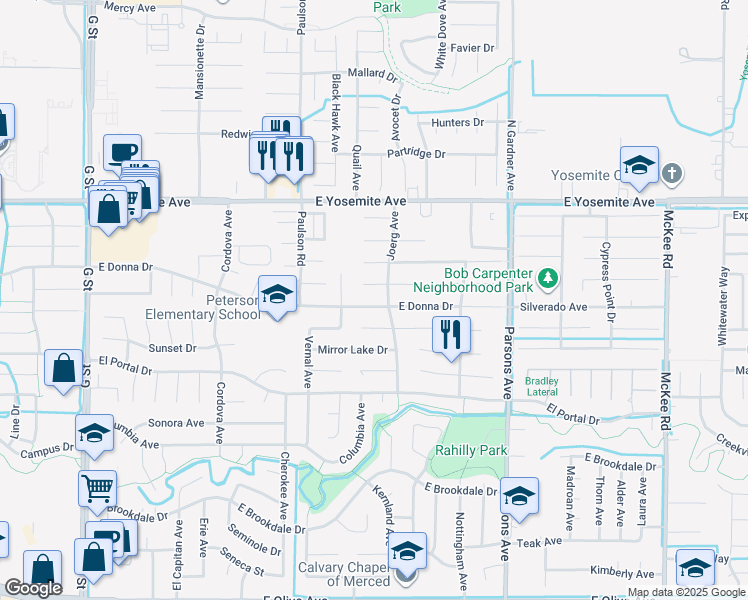 map of restaurants, bars, coffee shops, grocery stores, and more near 1151 East Donna Drive in Merced