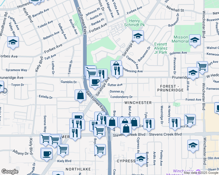 map of restaurants, bars, coffee shops, grocery stores, and more near 2386 Sutter Avenue in Santa Clara
