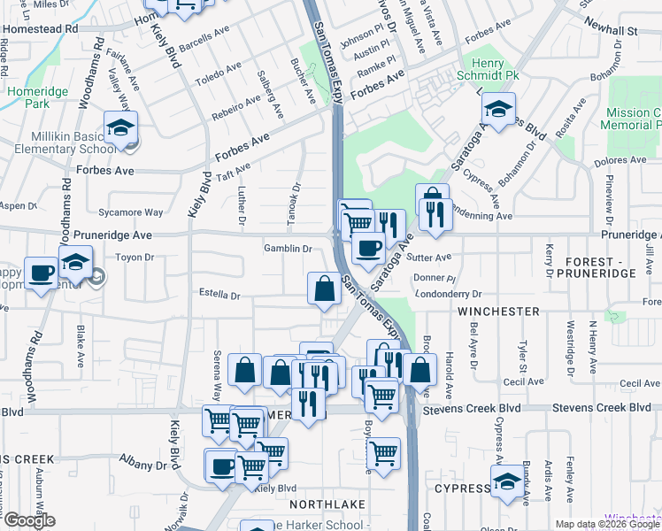 map of restaurants, bars, coffee shops, grocery stores, and more near 325 Landeros Drive in Santa Clara
