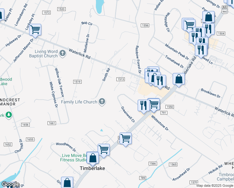 map of restaurants, bars, coffee shops, grocery stores, and more near 281 Greenwell Court in Lynchburg