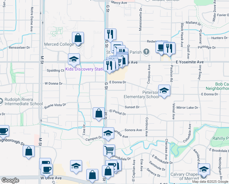 map of restaurants, bars, coffee shops, grocery stores, and more near 104 Melody Lane in Merced