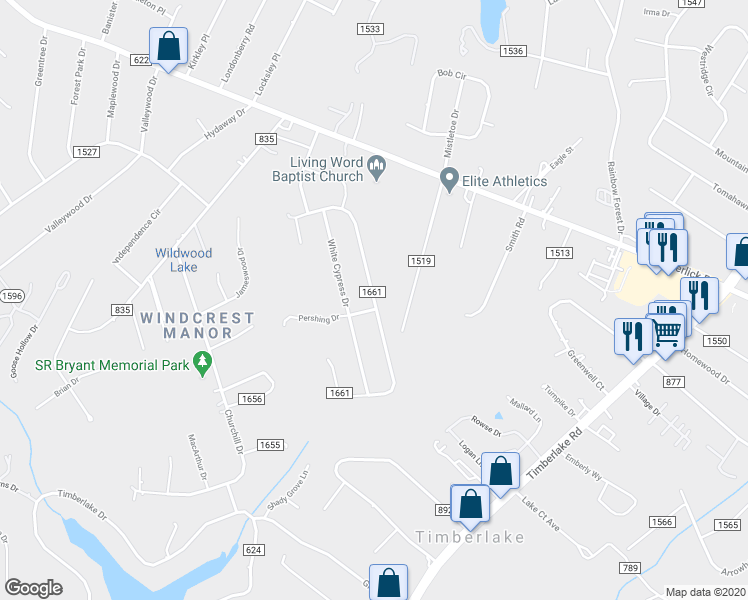 map of restaurants, bars, coffee shops, grocery stores, and more near 348 Willow Oak Terrace in Forest