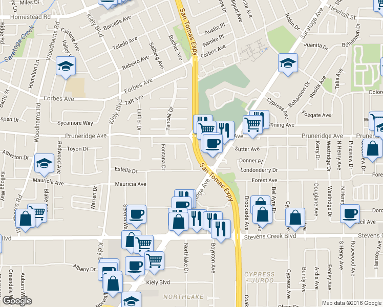 map of restaurants, bars, coffee shops, grocery stores, and more near 325 Landeros Drive in Santa Clara