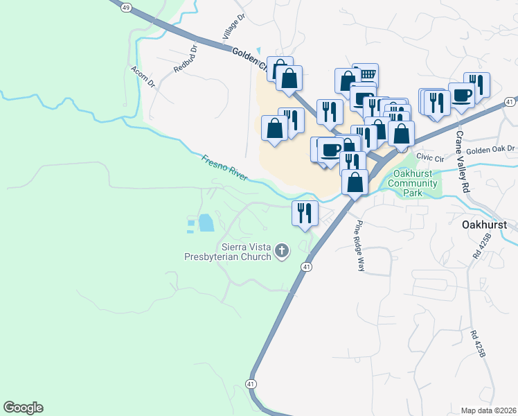 map of restaurants, bars, coffee shops, grocery stores, and more near 48477 Black Oak River Road in Oakhurst