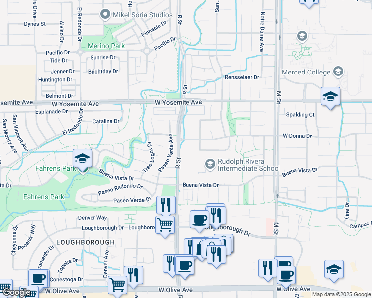 map of restaurants, bars, coffee shops, grocery stores, and more near 3420 R Street in Merced