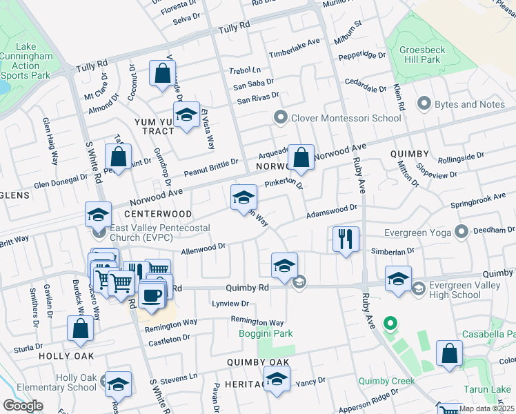 map of restaurants, bars, coffee shops, grocery stores, and more near 3288 Remington Way in San Jose