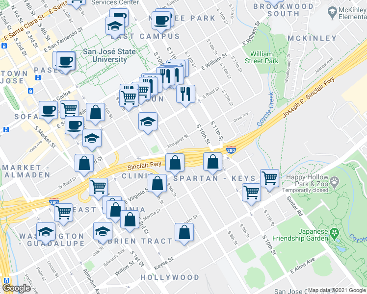 map of restaurants, bars, coffee shops, grocery stores, and more near 706 South 8th Street in San Jose