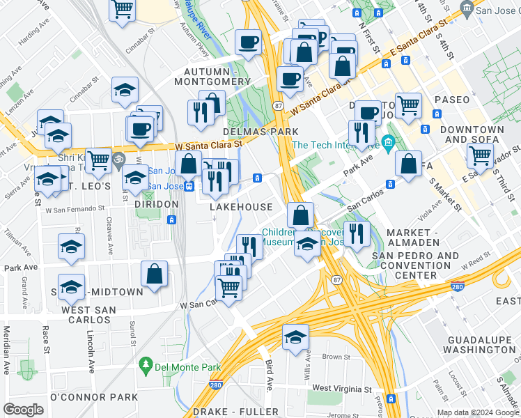 map of restaurants, bars, coffee shops, grocery stores, and more near 411 Park Avenue in San Jose