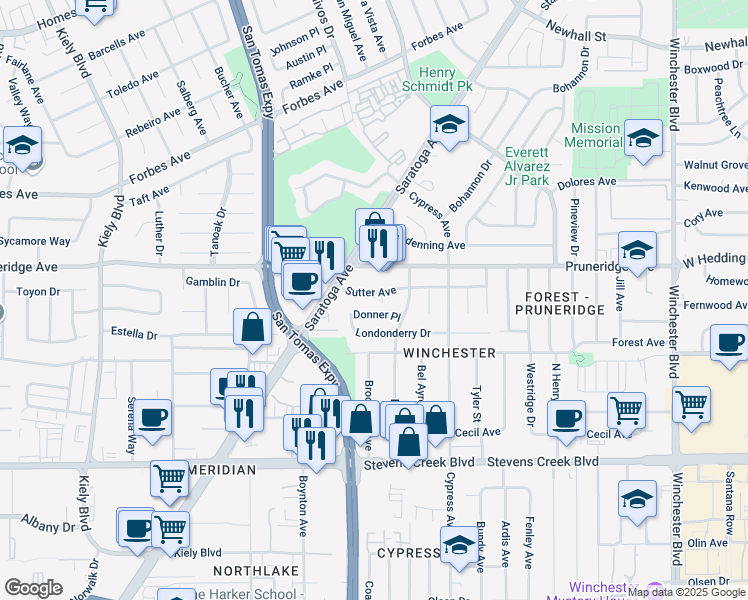map of restaurants, bars, coffee shops, grocery stores, and more near 2376 Sutter Avenue in Santa Clara