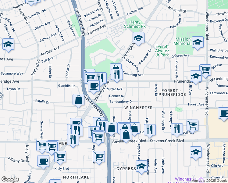 map of restaurants, bars, coffee shops, grocery stores, and more near 2376 Sutter Avenue in Santa Clara