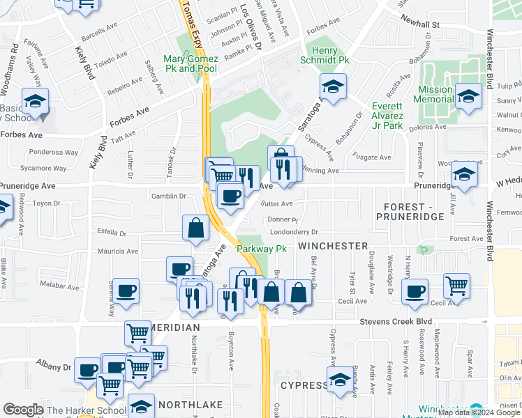 map of restaurants, bars, coffee shops, grocery stores, and more near 267 Saratoga Avenue in Santa Clara