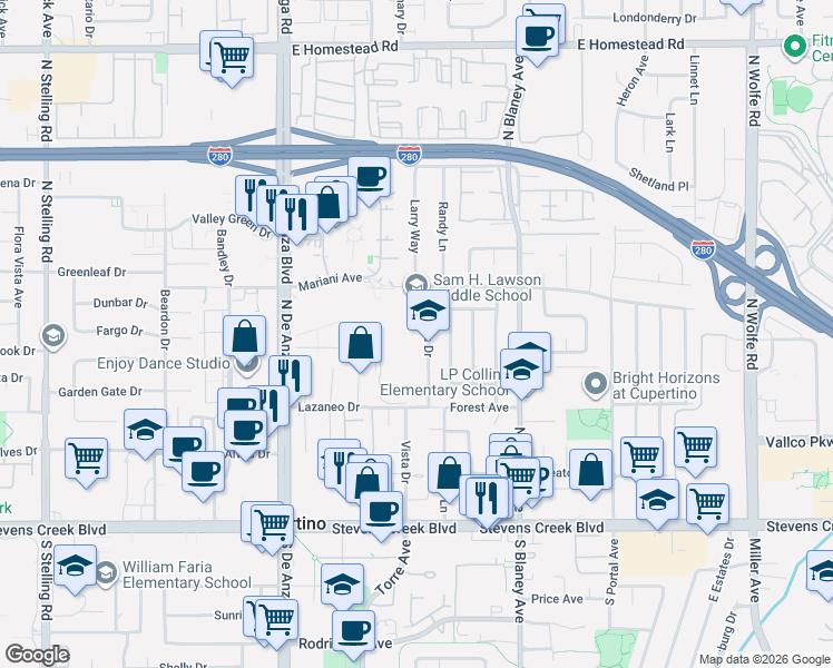 map of restaurants, bars, coffee shops, grocery stores, and more near 10424 Vista Drive in Cupertino
