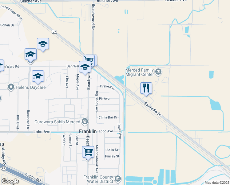 map of restaurants, bars, coffee shops, grocery stores, and more near 2801 Drake Avenue in Merced