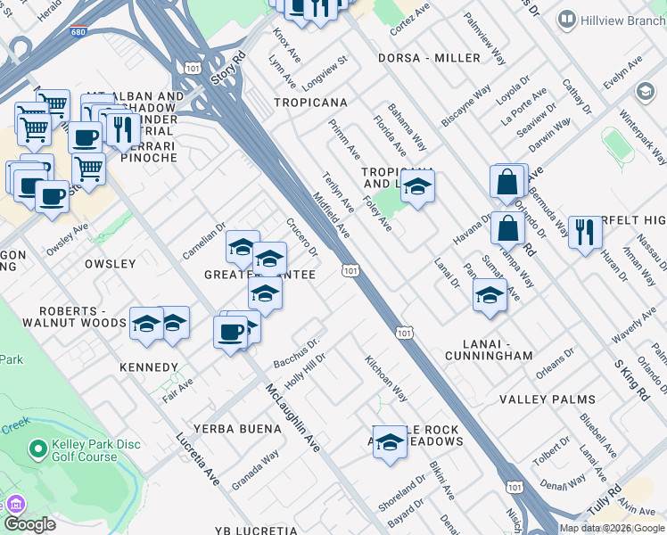 map of restaurants, bars, coffee shops, grocery stores, and more near 1447 Joe Dimaggio Court in San Jose