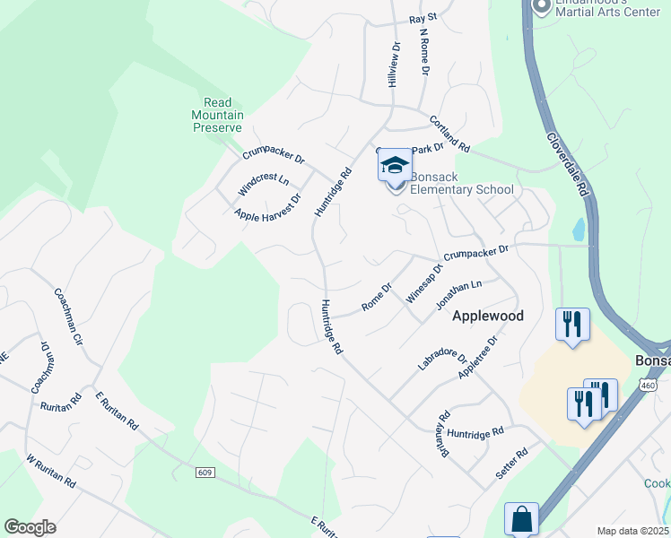 map of restaurants, bars, coffee shops, grocery stores, and more near 5609 Palmer Green Circle in Roanoke
