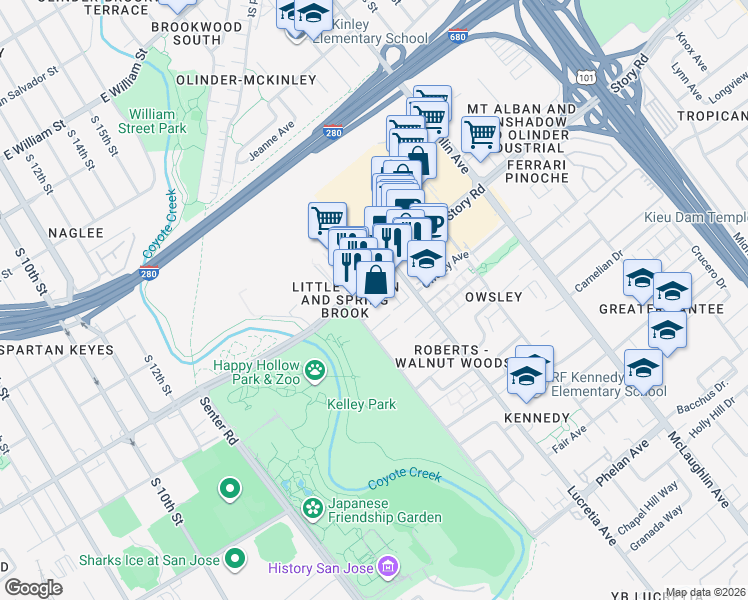 map of restaurants, bars, coffee shops, grocery stores, and more near 740 Story Road in San Jose