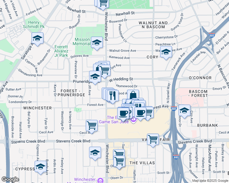 map of restaurants, bars, coffee shops, grocery stores, and more near 2475 Fernwood Avenue in San Jose