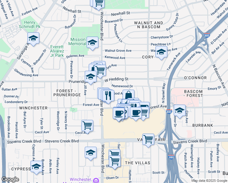 map of restaurants, bars, coffee shops, grocery stores, and more near 2457 Fernwood Ave in San Jose